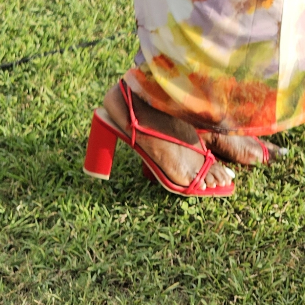 Elisabet Tang Red Lace-Up Strappy Sandals with Low Block Heel